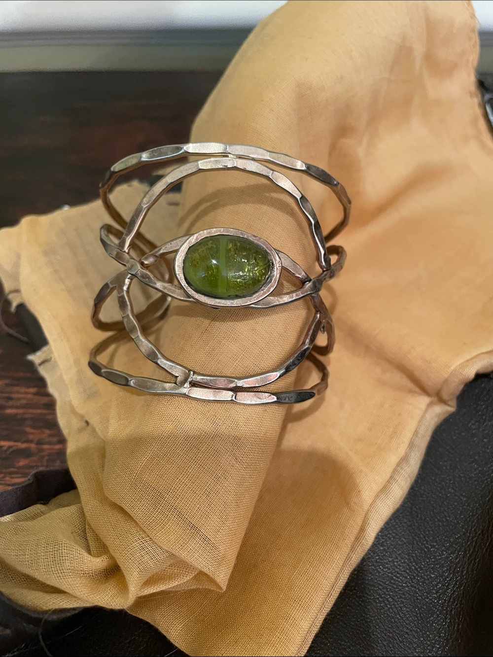 Women’s Twisted Metal cuff Bracelet with Olive Green Stone